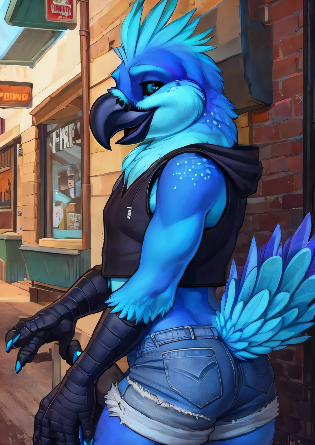 uploaded on e621, ((by PixelSketcher)), by Zaush, (by Rajii) , by Tsampikos , by Vader-San
solo male Coby, (((solo))), ((realistic)), cockatiel, anthro, furry, avian, ((clear cyan eyes)), black sclera, long cyan feather mohawk, black beak, blue body with cyan accents, bird feather tail, black bird arms, cyan claws, ((cyan glitter dots on hips)), neck tuft, (bulge,) crotch tuft, ((half-length portrait)), BREAK, (detailed Colin Campbell Cooper blue bird), (feminine, curvy), (((slim))), (skinny), twink, gay, ass, (detailed Bonifasko lighting), (chibi:1.2), (detailed skin), BREAK, (dynamic pose, seductive pose:1.3),
(outdoors, ghetto basket ball court at sunset) ((denim shorts, crop top, sneakers, backwards cap, arm warmers)), (cinematic lighting), ((detailed background)),
(((three-quarter view))), (half body shadow), (happy, wide eyes, cute), (ass focus), [backlighting], [crepuscular ray], [detailed ambient light], [gray natural lighting], [ambient light on the belly], [higher feather detail], [fluffy feather texture],
[realistic proportions], [explict content], [sharp focus], (questionable content), (shaded), ((masterpiece)), BREAK