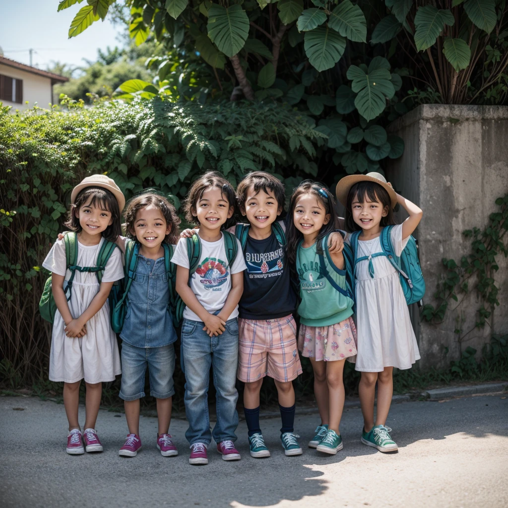 group of Brazilian children with backpacks on their backs/ happy children/ blue and green backpacks