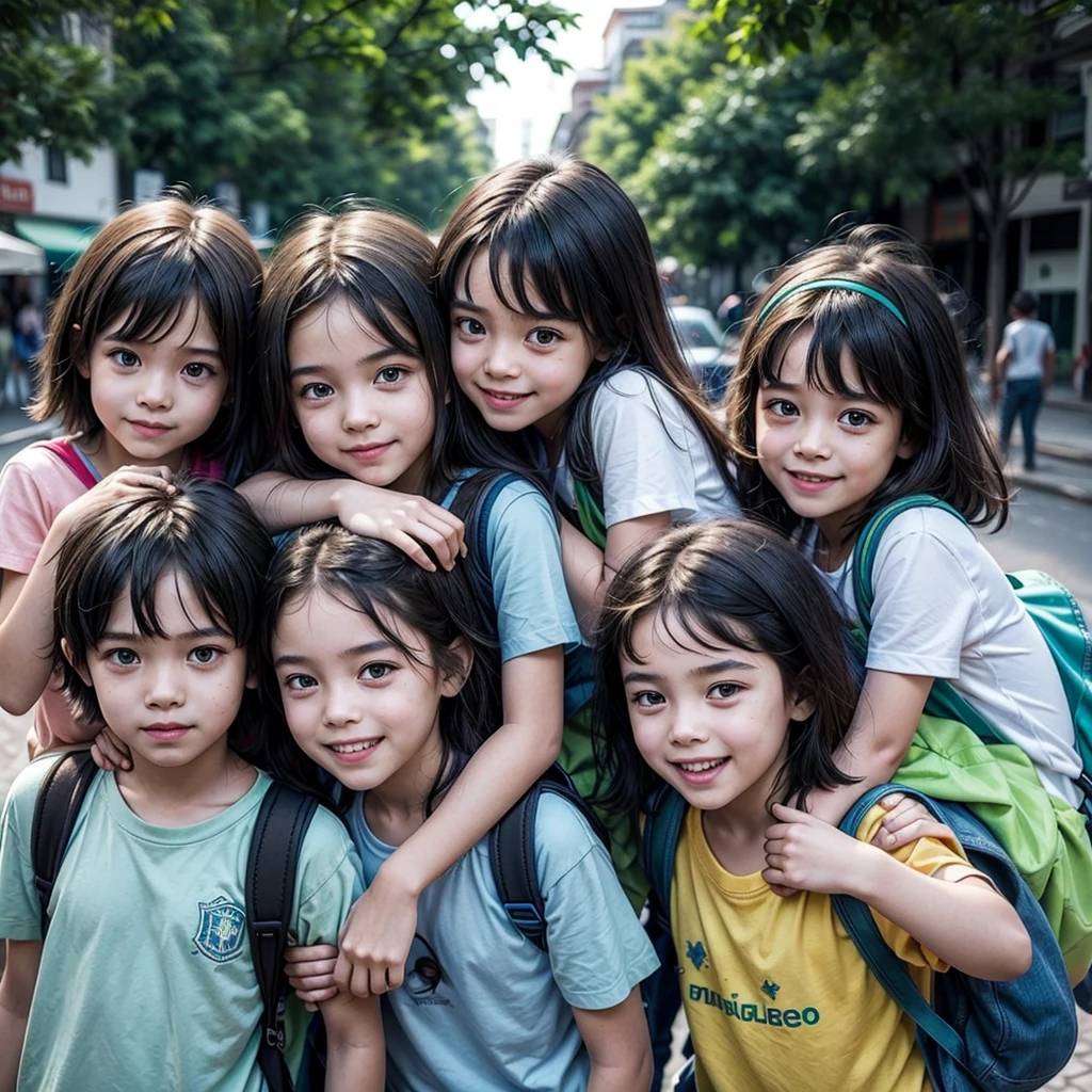 group of Brazilian children with backpacks on their backs/ happy children/ blue and green backpacks