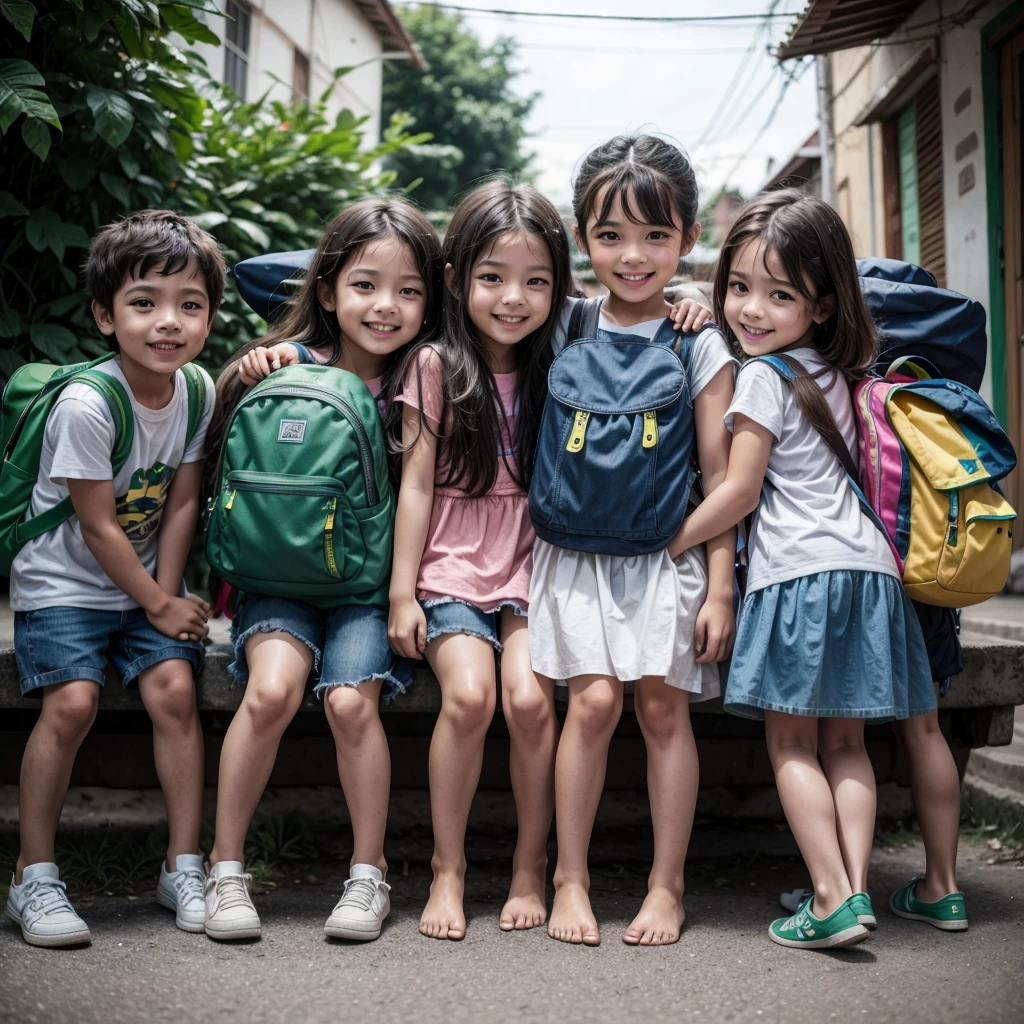 group of Brazilian  with backpacks on their backs/ happy children/ blue and green backpacks