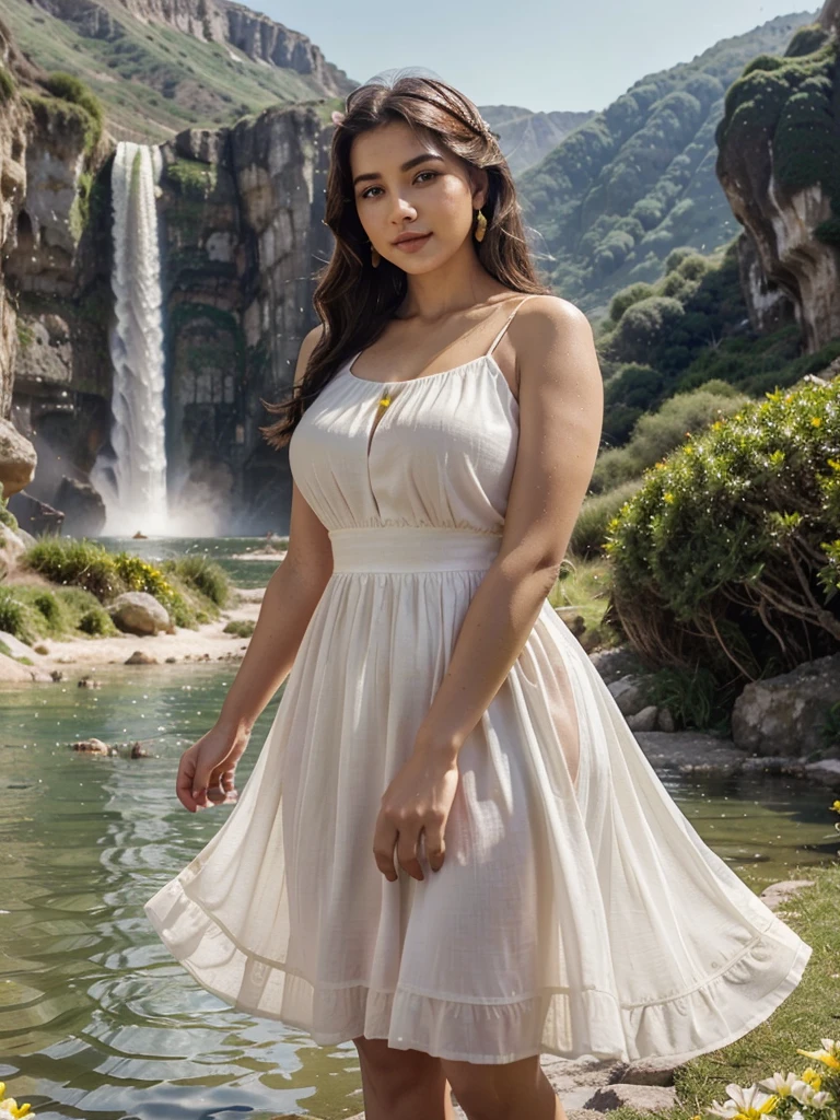 Arab dress, yellow dress, short dress (white), crocodile near the mountain, water near the grass, waterfall nearby, light green, bright flowers, red sky, wearing suit (white), lips (pink) Escasamente vestido, beautiful face Hermosa big hips shine in the sky, oval curves sonrisa seductora Retrato Gabriella Lin Rojo red-orange dress