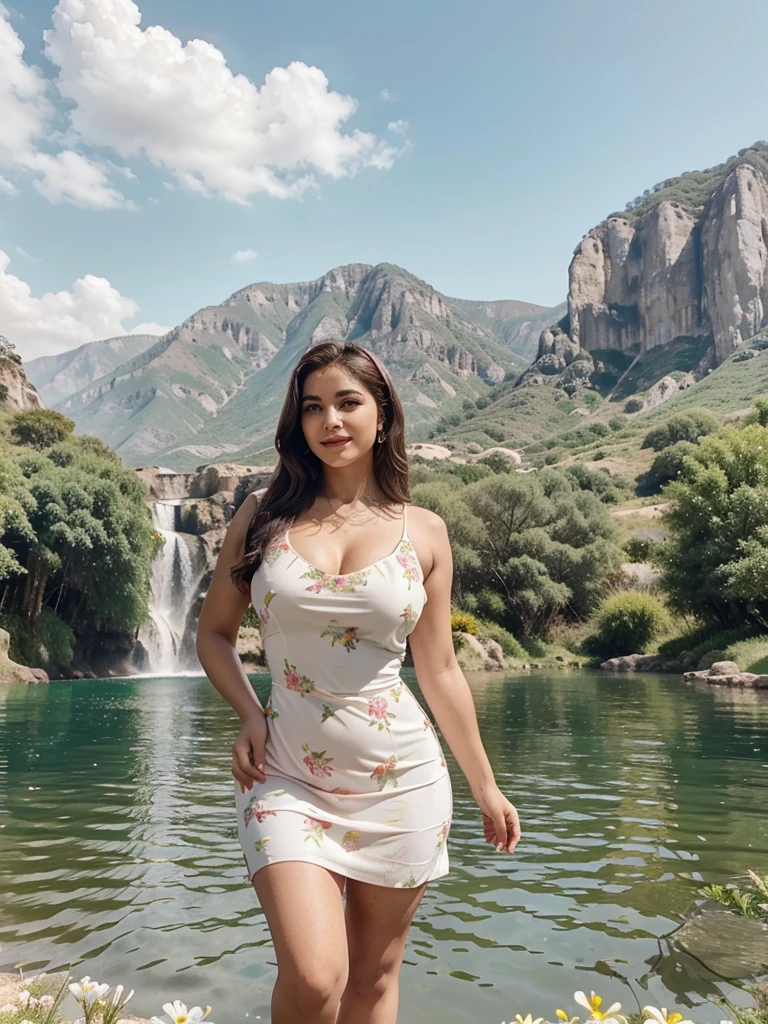 Arab dress, yellow dress, short dress (white), crocodile near the mountain, water near the grass, waterfall nearby, light green, bright flowers, red sky, wearing suit (white), lips (pink) Escasamente vestido, beautiful face Hermosa big hips shine in the sky, oval curves sonrisa seductora Retrato Gabriella Lin Rojo red-orange dress