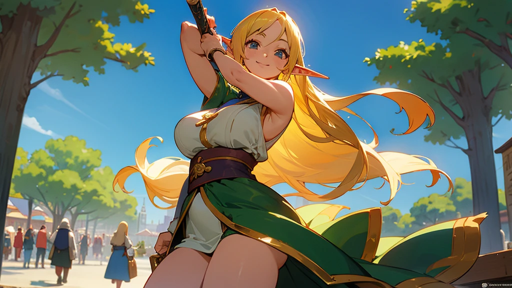 Anime Style,Nostalgic,Detailed background,The medieval world,A bustling square with many people,Smiling bard beautiful elf girl,flute,Large Breasts,Underarm,Healthy thighs