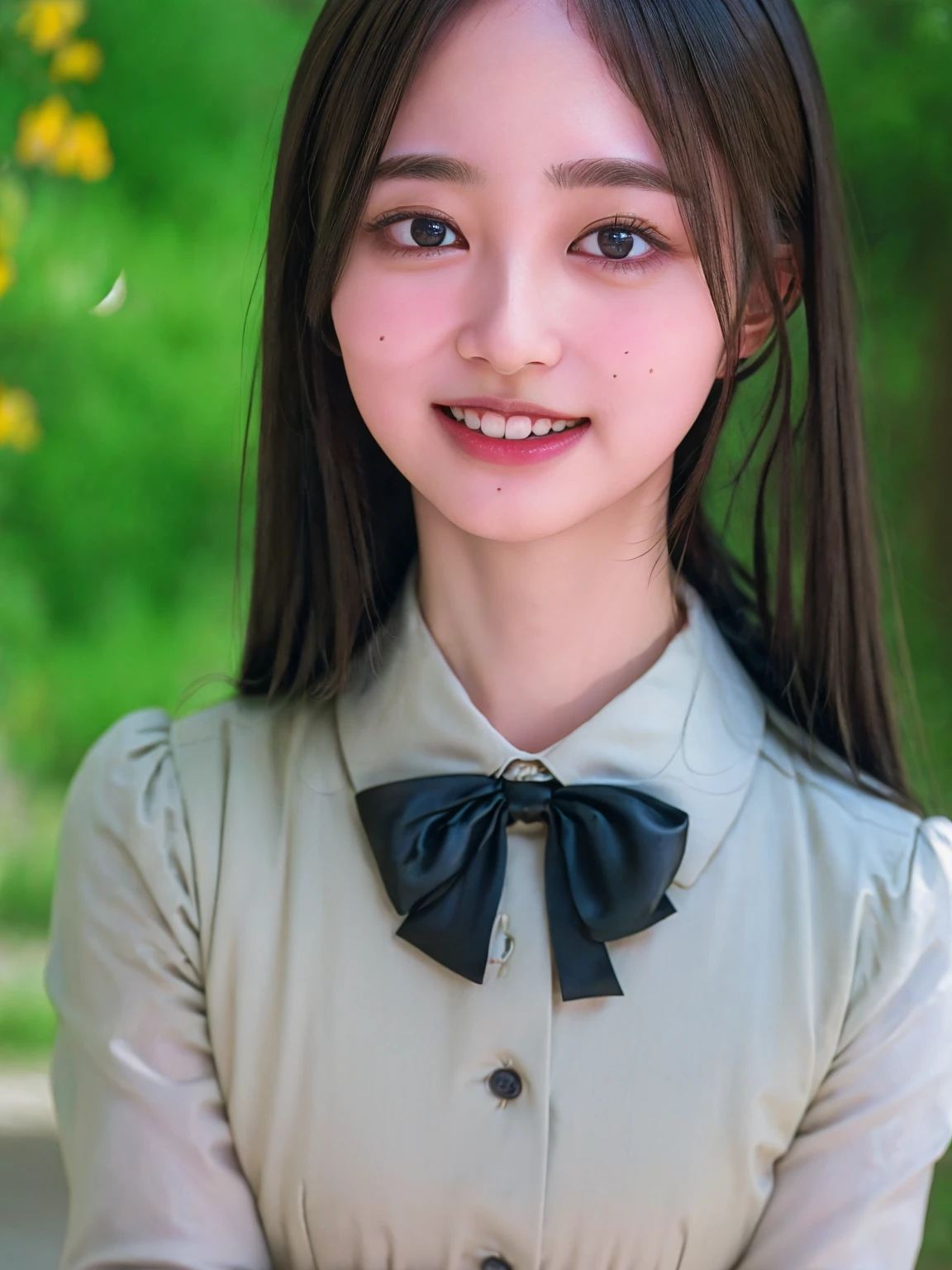 ((highest quality、8k、masterpiece:1.3)),((((upper body shot)))),Ultra-high resolution,big eyes,Japanese,forehead,bangs,(a girl),(1 girl),((************)),((cute)),pretty,((facing at viewer)),(long hair),((black shirts)),grin