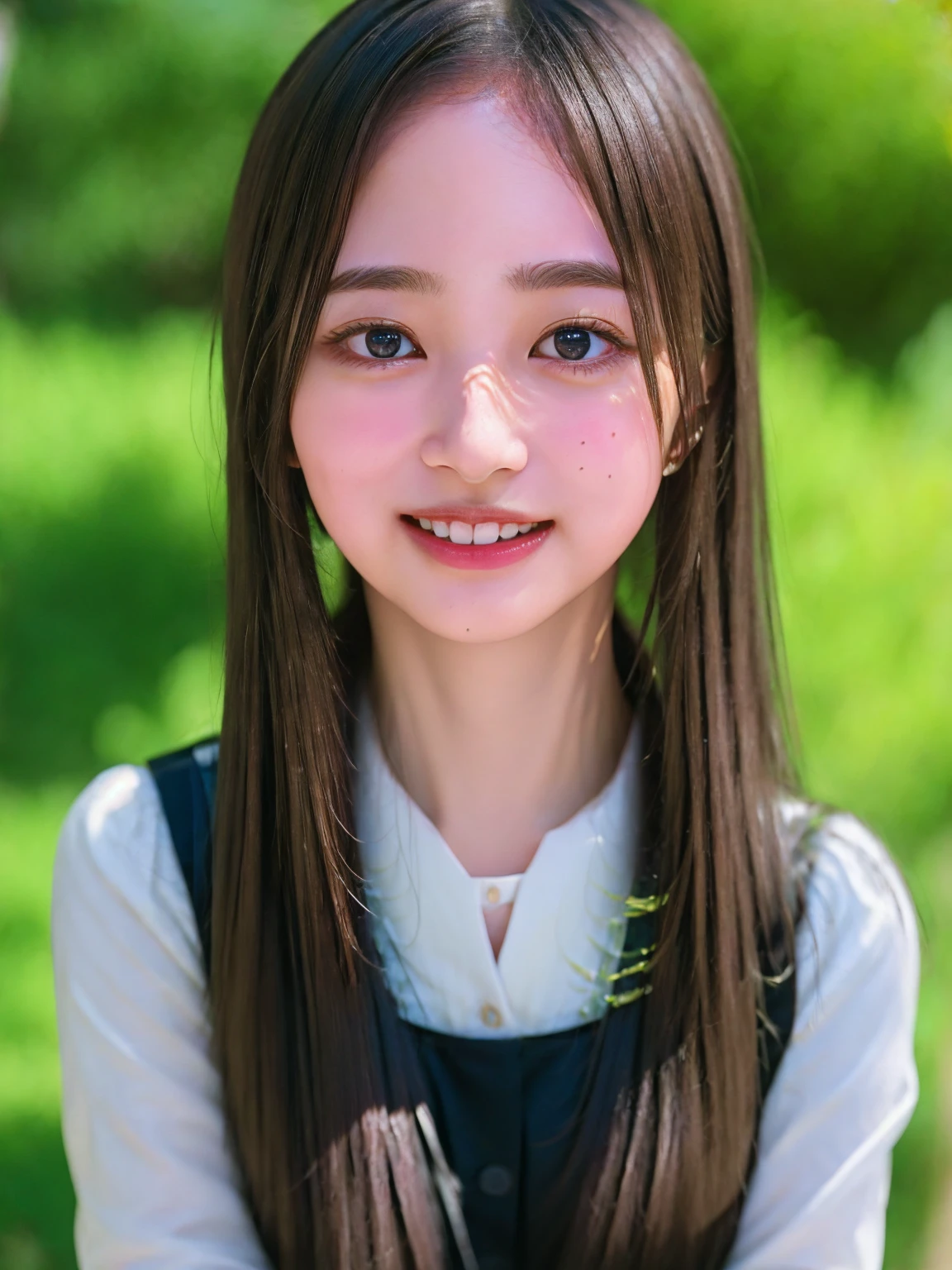 ((highest quality、8k、masterpiece:1.3)),((((upper body shot)))),Ultra-high resolution,big eyes,Japanese,forehead,bangs,(a girl),(1 girl),((************)),((cute)),pretty,((facing at viewer)),(long hair),((black shirts)),grin