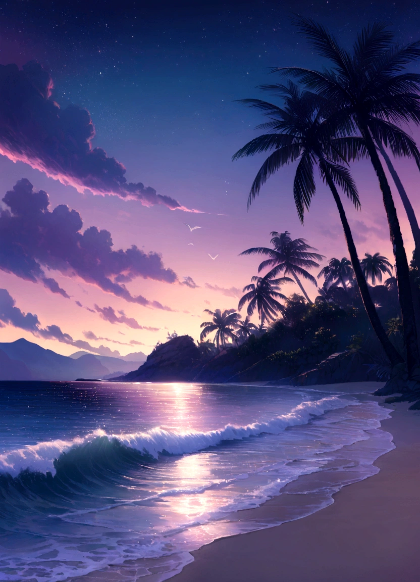 (Highest quality,High resolution),(Realistic:1.37),(landscape:1.2),夜の静かなビーチのlandscape,Gentle waves crash on the shore,The soft moonlight illuminates the scene.,Sand shining in the moonlight,A gentle breeze rustling the palm trees,Silhouette of a single palm tree in the foreground,Starry sky with a few scattered clouds,A calm atmosphere with a sense of solitude,Distant cries of seagulls echo in the background.,The subtle sounds of the waves create a soothing rhythm,Deep blue and purple hues dominate the color palette.