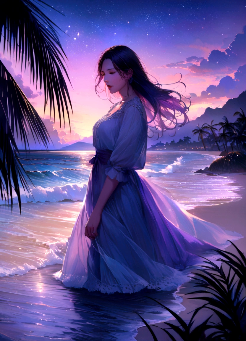 (Highest quality,High resolution),(Realistic:1.37),(landscape:1.2),夜の静かなビーチのlandscape,Gentle waves crash on the shore,The soft moonlight illuminates the scene.,Sand shining in the moonlight,A gentle breeze rustling the palm trees,Silhouette of a single palm tree in the foreground,Starry sky with a few scattered clouds,A calm atmosphere with a sense of solitude,Distant cries of seagulls echo in the background.,The subtle sounds of the waves create a soothing rhythm,Deep blue and purple hues dominate the color palette.