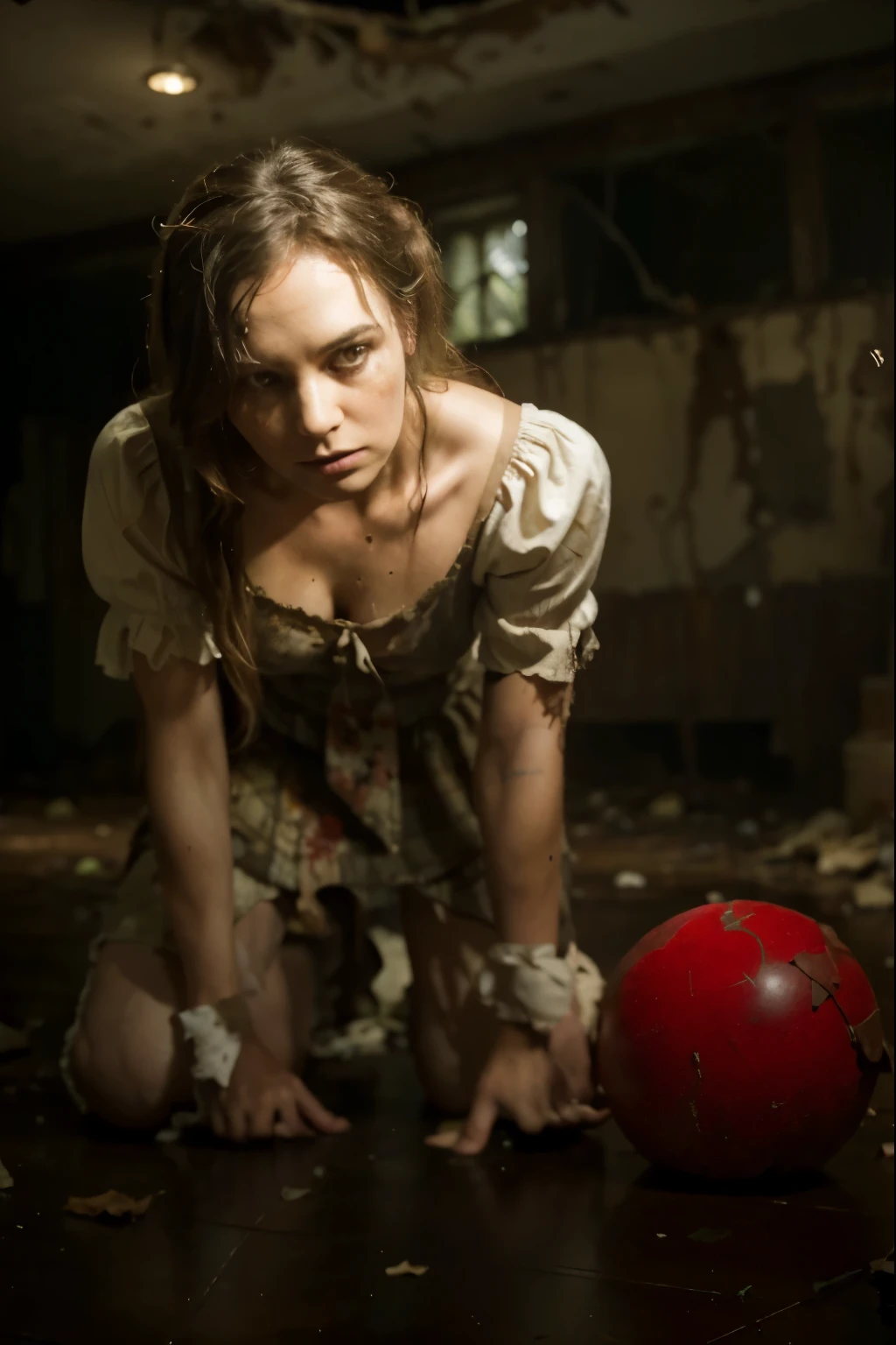 (Best quality, 8k, 32k, Masterpiece, UHD:1.2), "Transform the scene into the eerie and dilapidated setting of the house on 29 Neibolt Street from the movie 'IT.' Picture an old, abandoned Victorian-style house with a dark, sinister atmosphere. The exterior is covered in weathered, peeling paint and overgrown with ivy and weeds, giving it a haunted appearance. Broken windows and sagging porch beams add to the house's decrepit look.

The front yard is littered with debris, overgrown grass, and scattered leaves, creating a neglected and foreboding environment. A rusty, creaky gate swings open slowly, leading to the cracked and uneven pathway that winds towards the ominous front door. The door itself is slightly ajar, revealing a glimpse of darkness within.

Inside, the house is even more unsettling. The walls are covered in faded, peeling wallpaper, and the floors creak with every step. Dust and cobwebs cover every surface, and broken furniture is scattered throughout the rooms. The air is thick with a sense of dread and decay.

In the living room, an old, tattered couch sits beneath a broken window, casting eerie shadows on the floor. A staircase leads to the upper floors, each step echoing ominously in the empty house. The basement door stands slightly open, hinting at the horrors that lie below.

The overall ambiance is one of fear and abandonment, capturing the terrifying essence of the house on 29 Neibolt Street from 'IT.' The setting should evoke a sense of unease and suspense, as if something sinister is lurking just out of sight."