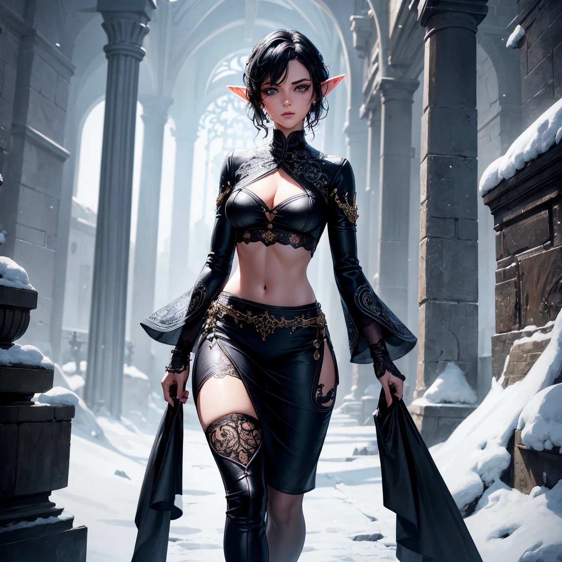 a woman, 1girl, elf, black retro curl cut hair, breasts, long pointed ears, bright blue eyes!!!, serious face, sexy black crop top, deep neckline, sexy black little skirt, frost magic, full body, full body, walking, snow, very sexy body, detailed face, beautiful detailed eyes, beautiful detailed lips, extremely detailed eyes and face, long eyelashes, detailed clothing, intricate details, highly detailed, photo realistic, 8k, best quality, masterpiece, cinematic lighting, dramatic lighting, vibrant colors, fantasy, digital art, concept art