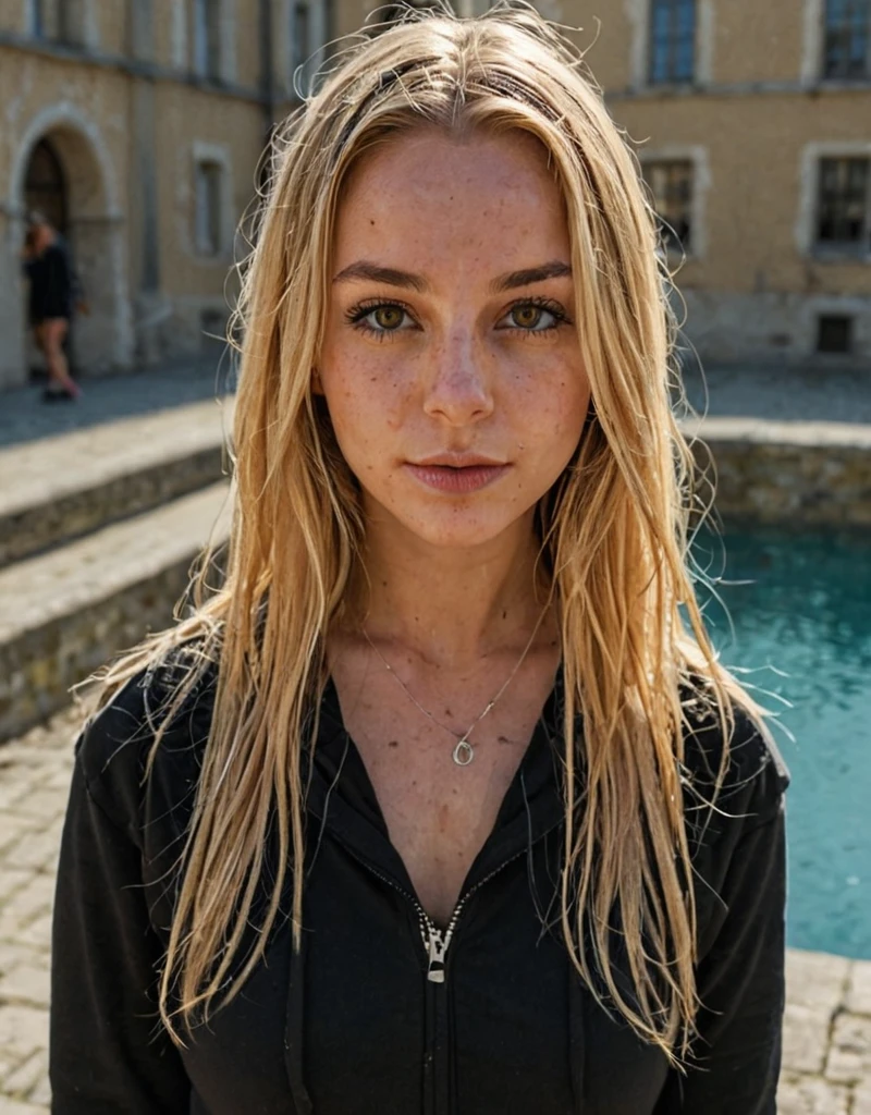 young woman, blonde hair, outdoor portrait, black hoodie, neutral expression, urban background, backlit, golden hour, soft focus, bokeh, European, streetwear, gaze towards camera, head a sexy string, shot, clear skin, subtle makeup, natural lighting, high resolution image, Fujifilm XT3, Canon R5, Fujicolor Fujichrome Velvia 100 , debout , robe sexy moulante rouge , piscine , champagne 