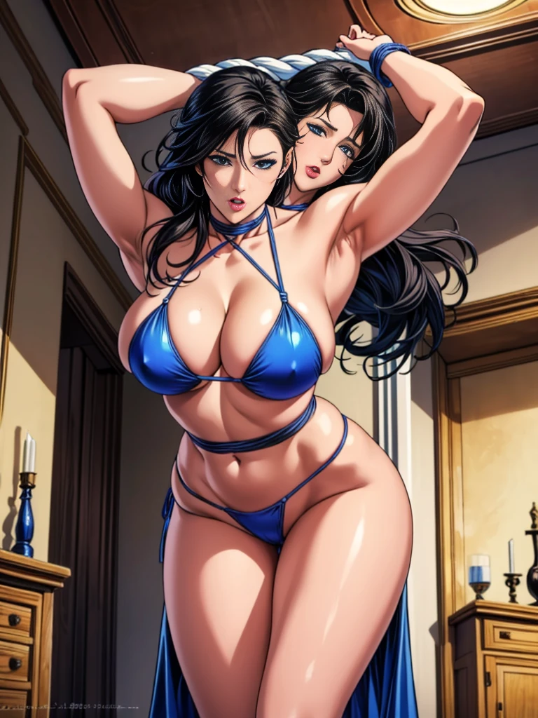 ((masterpiece)), Highest quality, Very detailed, Absurd, 8K, wonderful, Very detailed, The finer details, Browsing Caution, (Very complicated:1.2), (Very delicate), Very detailed, RuiKisugi, 1 Female, Long Hair, Wavy Hair,Voluminous Hair ,Black Hair, eyelash, blue eyes, lipstick, One girl, (whole body:1.2), (Finding_stance:1.3), Very detailed face, Nice fine detail, Perfect Eyes, Captivating eyes, Beautiful attention to detail, Small Mouth, Sensual look, Mature Woman, Mature Woman, Body with nine heads, thin, compensate, Big Breasts, (living room:1.3), (Urzan-6500-v1.1), Detailed fingers, Perfect hands, Length 180cm,Small face,sweating, Soft thighs,Sexy legs,Sexy ass, Cleavage,Open the chest,Angle from below,(Low angle shot:1.1),((Amazing orgasm)),赤いlipstick, whole body写真撮影,大きなSexy ass, Perfect Body Proportions, Slim waist,Nipples visible,Tight waist,(Long legs:1.4),Wearing high heels,Shiny skin,Black Micro Bikini、Wearing a micro bikini,(Rope Bondage:1.4),((Arms tied above the head)),((Show your armpits)),Tied up woman,Tied up with rope, Tightly bound, Hands tied, Her body was tied with ropes,(Fully expose your thighs to the viewer:1.6),Beautiful Hands, Pay attention to her beautiful legs, Cleavage,Open the chest,anime,G-Cup,Tears in the afterlife,Rui Kisugi,Rui Kisugi,