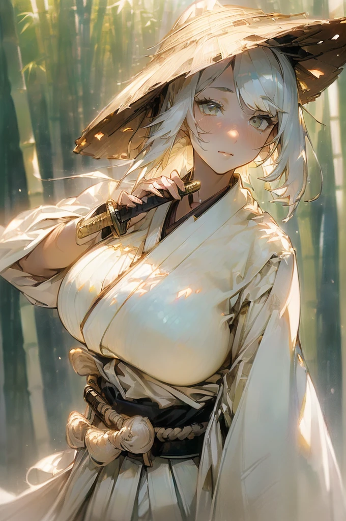 {masterpiece, distinct_image, extremely detailed CG, (extremely detailed fine touch:1.2), (natural light, sun light, light rays, dappled light, ray tracing:1.2), beautiful eyes and detailed face,white ink splashing, photo realistic, 4k, 8k, high_resolution,(perfect_finge:2.0), (beautiful_detailed_eyes:1.3), glitter, white_light, (glow_white_face, front_light:1.3),{1girl, face_focus, looking for_in_viewer, upper_body, dynamic angle, standing, fighting stance, put own sword in sheath, own hand on own waist },{adult, (huge_breasts, wide_hip:1.3), (White sword sheath on waist,Japanese white hakama, white long haori, Detailed sword handle, light yellow_bamboo_hat:1.7),(white_hair, white_eyes, long_hair, fluttering hair, slanted_eyes, bangs:1.4), white background}