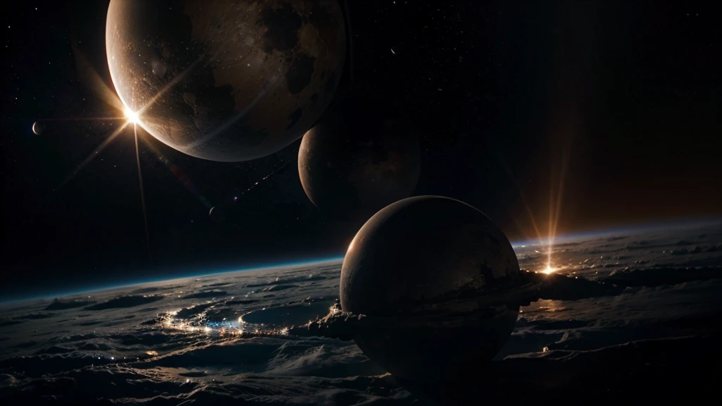 BLACK PLANETS VERY CLOSE ALMOST TOUCHING EACH OTHER. in the middle of space. 4K HIGH RESOLUTION AND VERY REALISTIC IMAGE