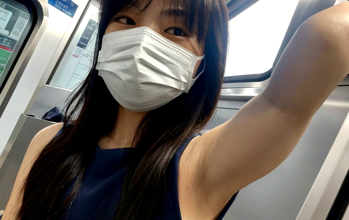 An office lady wearing a mask on the subway, Wear a mask, A surgical mask to cover the mouth, Inside the train, Wearing a mask, Selfie taken at a straight angle, Beautiful Armpits
