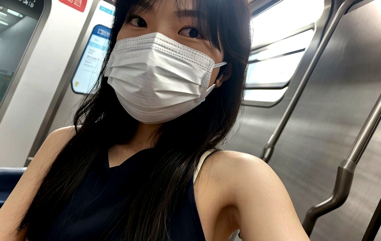 An office lady wearing a mask on the subway, Wear a mask, A surgical mask to cover the mouth, Inside the train, Wearing a mask, Selfie taken at a straight angle, Beautiful Armpits