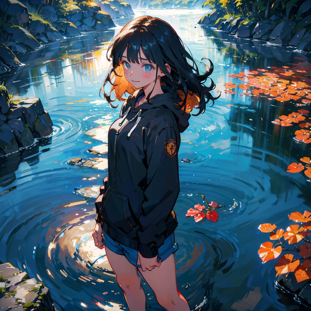 (masterpiece), (high resolution 8K), professional illustration, 1 girl, late teenage, standing, long shot, dutch angle, , blazer, hoody, shorts, medium hair, happy laughing, looking away, waterfalls, clear streams, morning, natural lighting, high contrast, stunning face, symmetrical clear eyes, detailed eyes and face