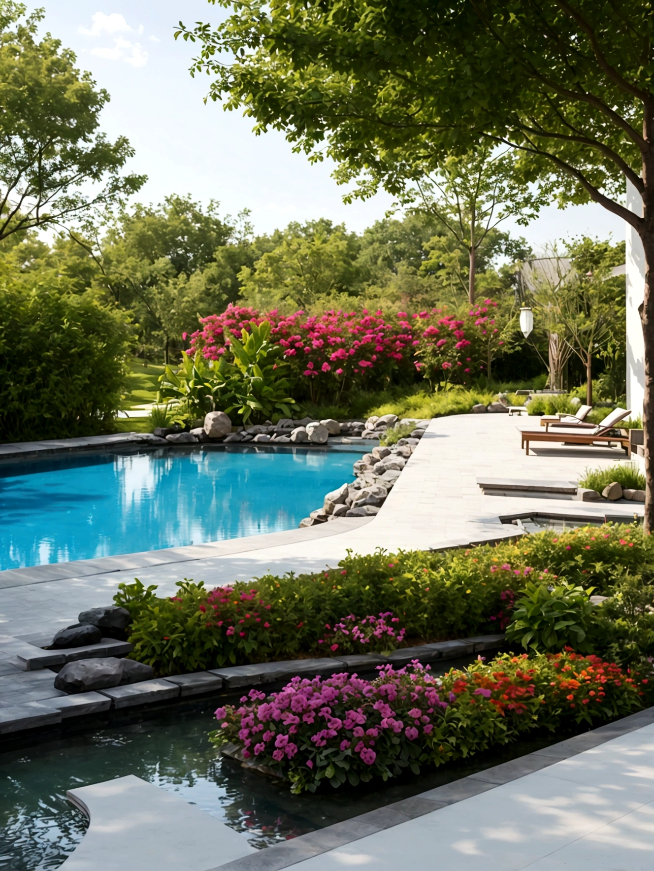 Bright colorful flowers、Bright beautiful plants、Luxury lantern chair、Beautiful vase、Pool、Close-up