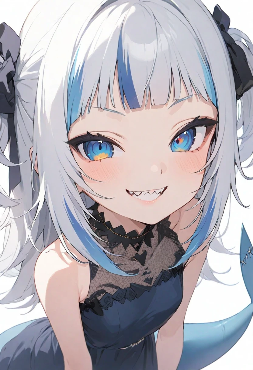 (muste piece), (best quality), very detailed eyes, expressive eyes, perfect face, very detailed face, highly detailed face, beautiful girl, 8K, beautiful girl, white background, delicate and beautiful face and eyes, dark intense shadow,
1 girl, vtuber style, cool girl, hololive, gawr gura, shark tail, see-through:evening dress, small chest, cropped shoulders, clavicle, one eye close winking, smile, (full body), standing,