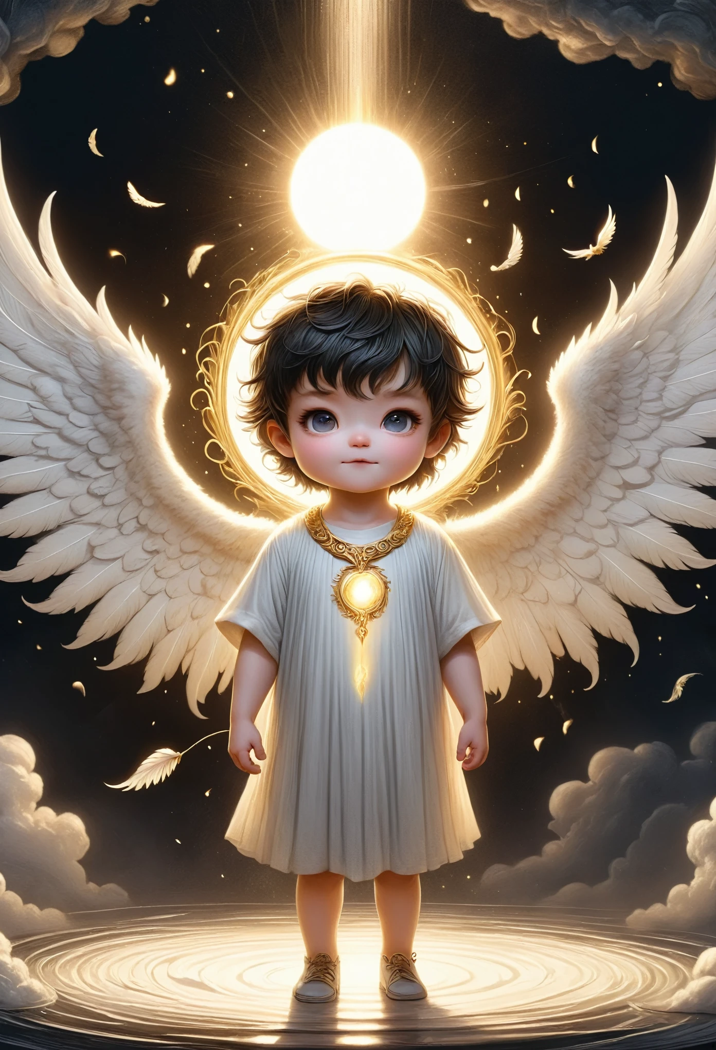 with dark background, a beam of light came down from the air, dynamic magic luminous gold water flowing in the air, deep withe and light gold tone, A 3 year old boy with angel wings and Halo, wearing jewelry, black background, illustration, pastel colors, chiaroscuro, Middle Ages, realistic, ultra detailed, Blender, C4D, octane rendering, 8K, HD，A painting of dark fallen angel Lucifer surrounded by dark wings, black and white Möbius strip, spinning and tumbling white wings and dark angels, deathcore style, layered image with subtle irony, Himalayan art
