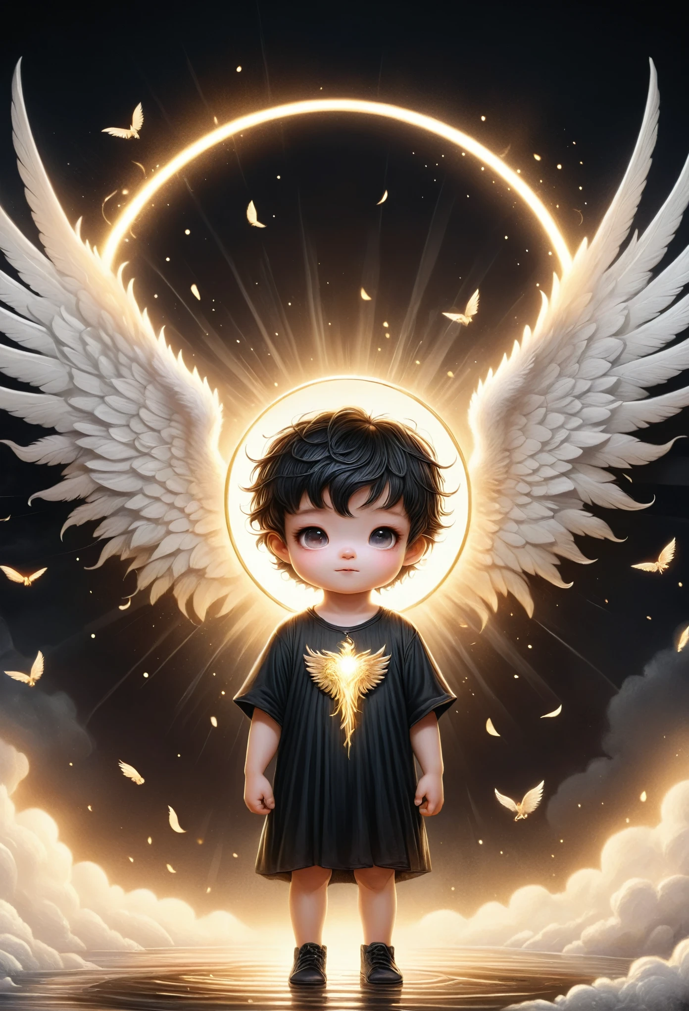 with dark background, a beam of light came down from the air, dynamic magic luminous gold water flowing in the air, deep withe and light gold tone, A 3 year old boy with angel wings and Halo, wearing jewelry, black background, illustration, pastel colors, chiaroscuro, Middle Ages, realistic, ultra detailed, Blender, C4D, octane rendering, 8K, HD，A painting of dark fallen angel Lucifer surrounded by dark wings, black and white Möbius strip, spinning and tumbling white wings and dark angels, deathcore style, layered image with subtle irony, Himalayan art
