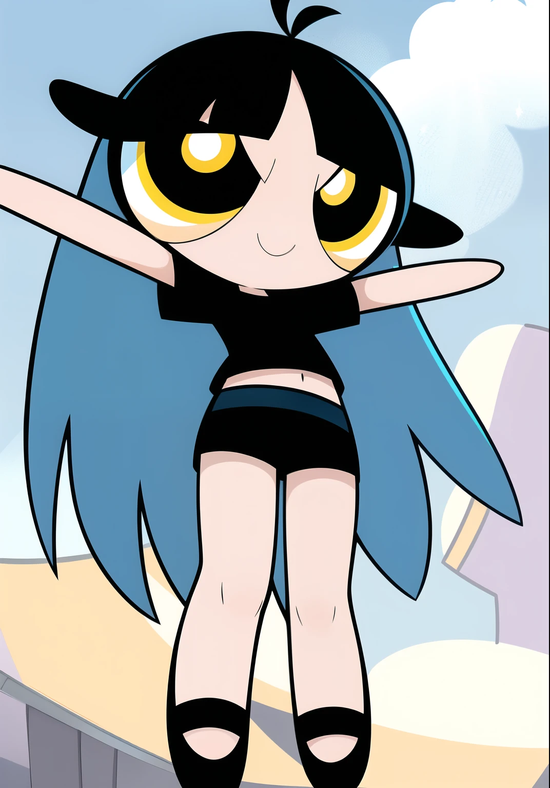 ((( blue sky long hair,))) smile, chibi, full body,1girl, yellow eyes, Black short-sleeved shirt showing off your stomach, black shorts