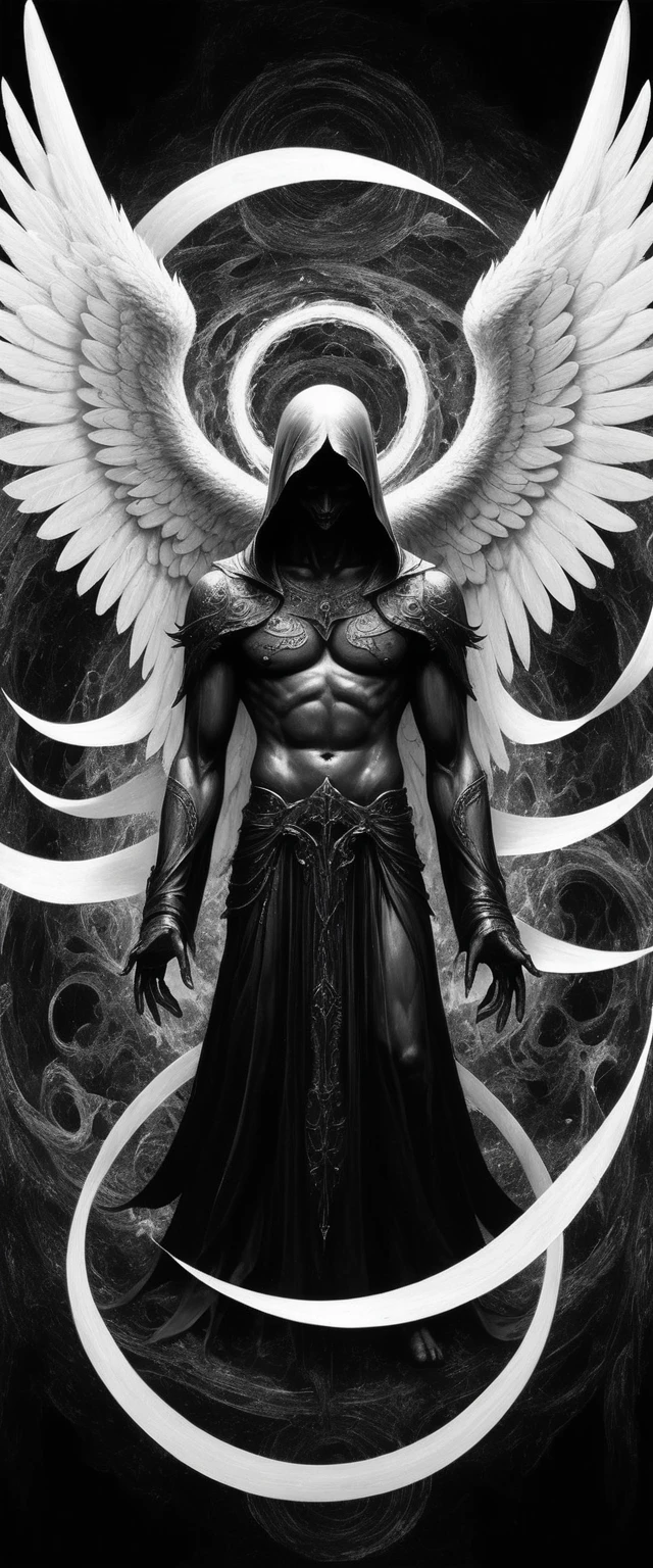 A painting of dark fallen angel Lucifer surrounded by dark wings, black and white Möbius strip, spinning and tumbling white wings and dark angels, deathcore style, layered image with subtle irony, Himalayan art