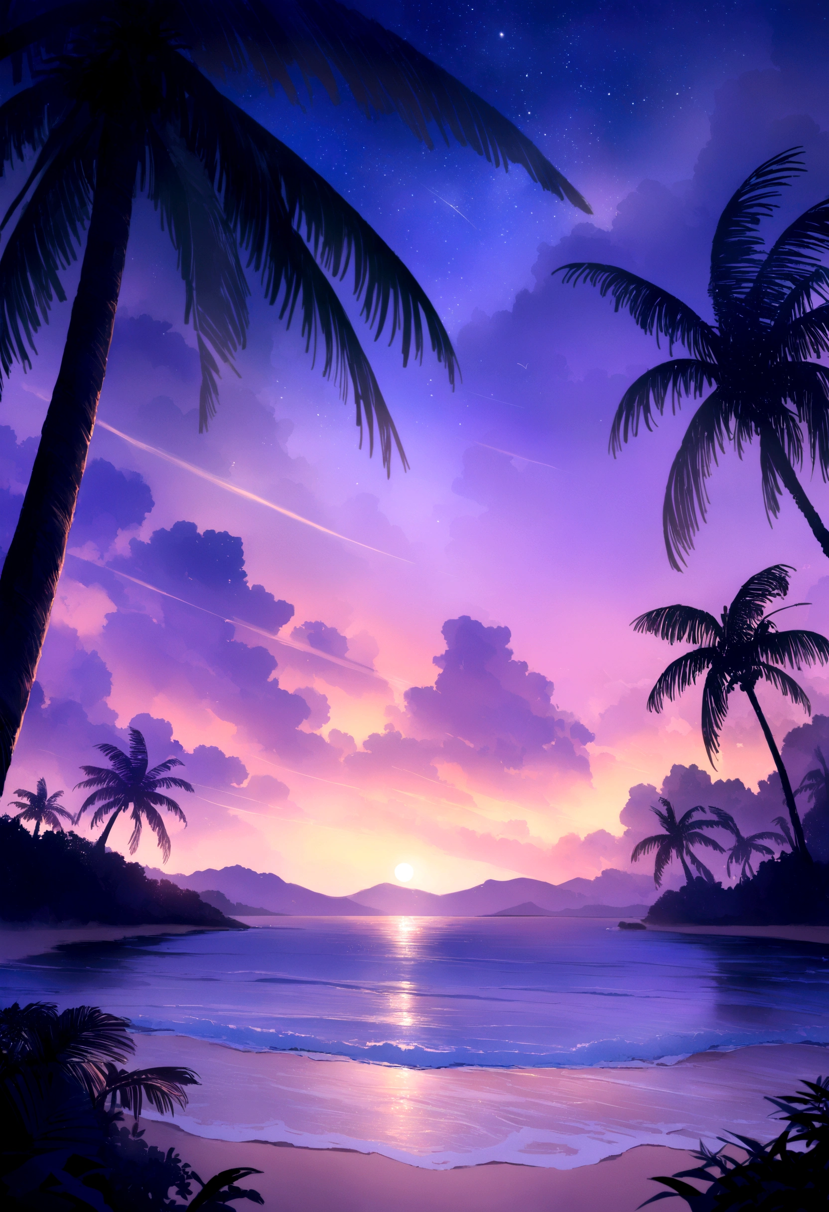 (Highest quality,High resolution),(Realistic:1.37),(landscape:1.2),夜の静かなビーチのlandscape,Gentle waves crash on the shore,The soft moonlight illuminates the scene.,Sand shining in the moonlight,A gentle breeze rustling the palm trees,Silhouette of a single palm tree in the foreground,Starry sky with a few tered clouds,A calm atmosphere with a sense of solitude,Distant cries of seagulls echo in the background.,The subtle sounds of the waves create a soothing rhythm,Deep blue and purple hues domihe color palette.