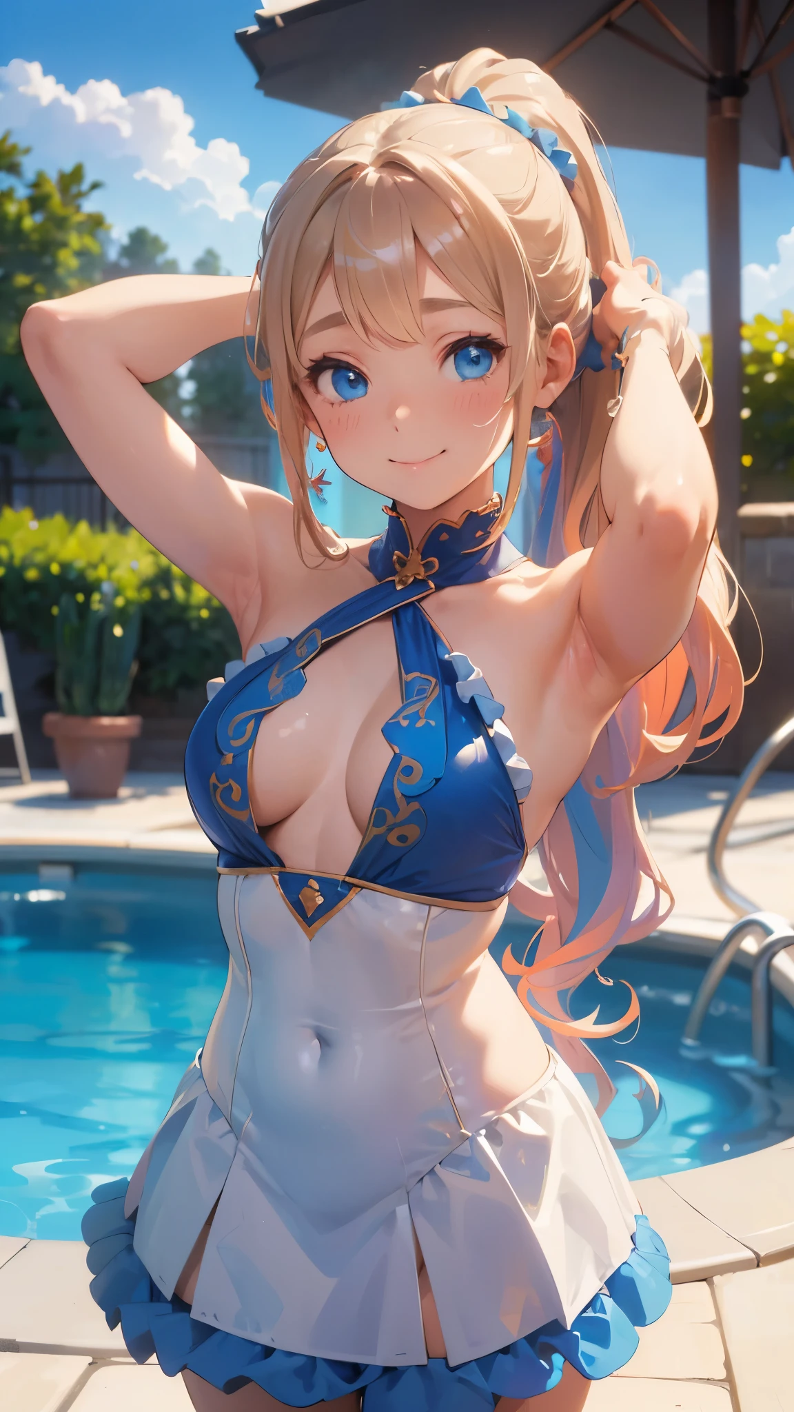 nsfw, (perfect anatomy, balanced proportions, extremely cute illustration:1.1), poolside, blond hair, blue eyes, wavy long hair, ponytail, hairstyle with the bangs cut in half, arms behind head, armpits,  (embarrassed, smiling), (detailed gorgeous colorful idol costume with a lot of frills), baby face, (cute round face),