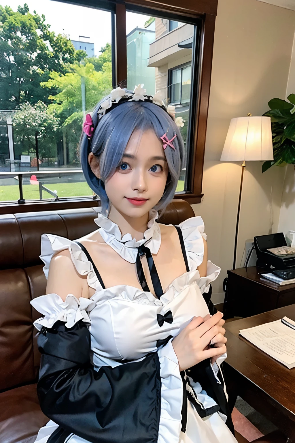 R_E_M, 1girl,(beautiful face:1.25) short blue hair, blue eyes, hair over one eye, hair ornament, pink hair ribbon, rem's maid uniform, detached sleeves, upper body, standing,indoors, living room, sofa, tables, window
