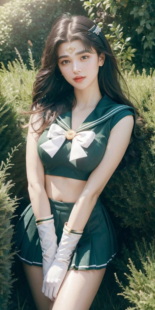 (Extreme Detail CG Unity 8K wallpaper, masterpiece, highest quality), (exquisite lighting and shadow, highly dramatic picture, cinematic lens effect), (Sailor Moon: 1.4), delicate facial features, charming smile, star eyes, ((dark green hair)), tight top, white gloves, mini skirt, dynamic pose, lying in the garden), (background in a garden full of flowers) (excellent detail, outstanding lighting, wide angle), (excellent rendering, enough to be proud of its kind),