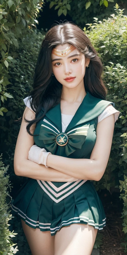 (Extreme Detail CG Unity 8K wallpaper, masterpiece, highest quality), (exquisite lighting and shadow, highly dramatic picture, cinematic lens effect), (Sailor Moon: 1.4), delicate facial features, charming smile, star eyes, ((dark green hair)), tight top, white gloves, mini skirt, dynamic pose, lying in the garden), (background in a garden full of flowers) (excellent detail, outstanding lighting, wide angle), (excellent rendering, enough to be proud of its kind),
