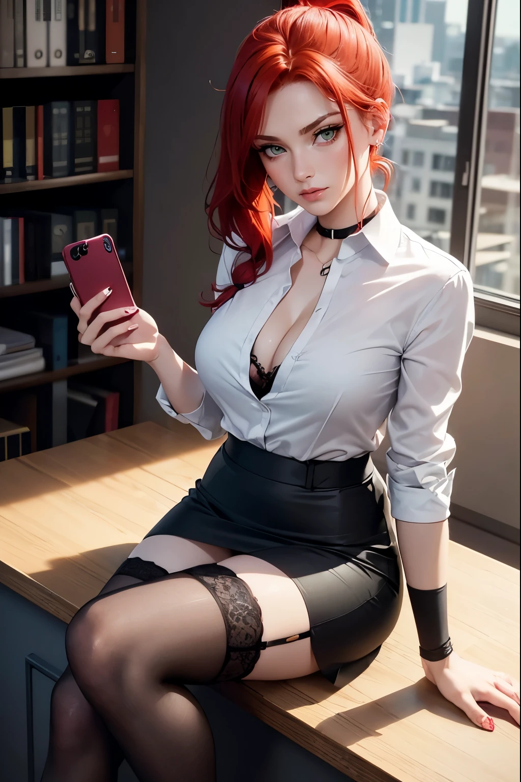 Woman, Red Hair, Green Eyes, Tired Eyes, Pony Tail, Office Lady, Short Black Pencil Skirt, Black Stockings, (Garters), White Collared Shirt, , low neckline, Black Bra, ((Selfie)), (Sitting on Desk with Legs Crossed)
