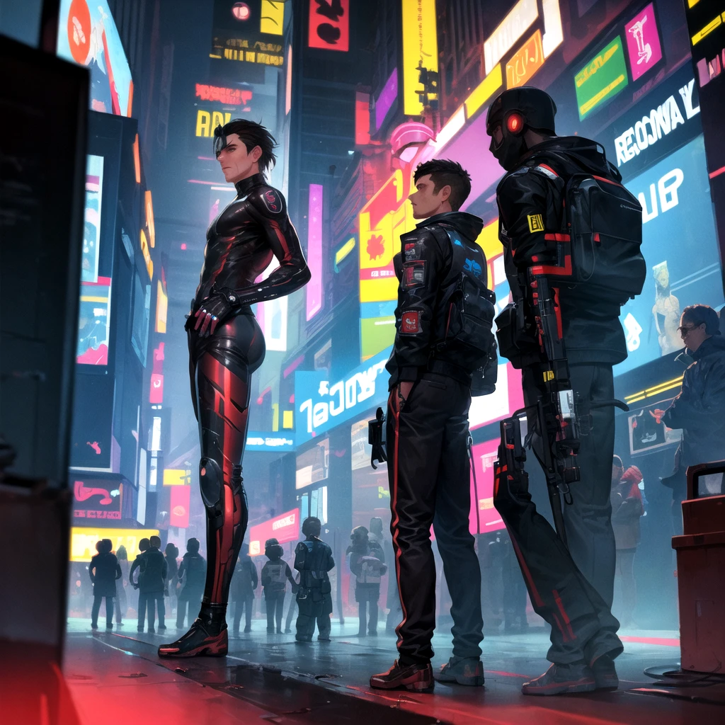 ((Highest quality)), ((masterpiece)), (detailed), One dark-haired man,Cyberpunk clothing,
