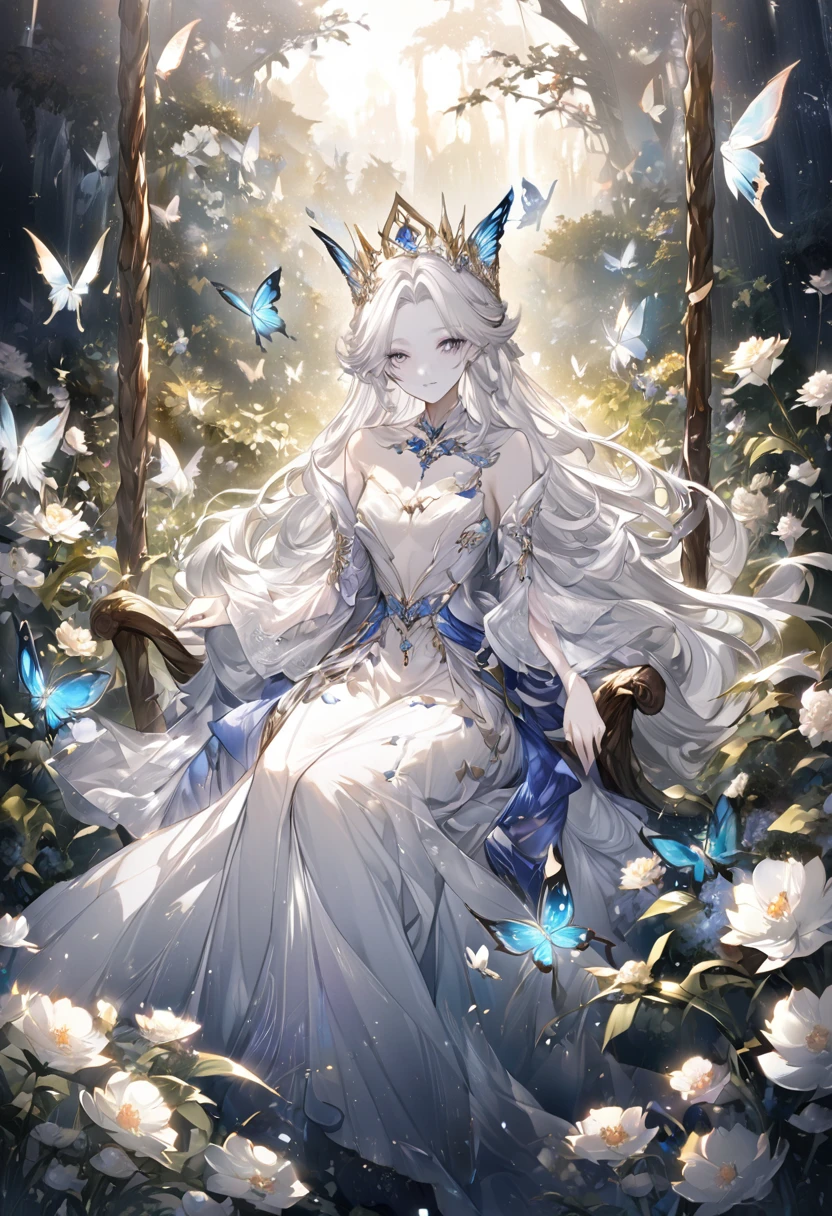 A woman wearing a crown，Sitting on a garden swing，Beautiful and elegant butterfly queen, Gveiz, Fantasy art style, 8k high quality detailed art, Butterfly King, 美しく魅惑的なButterfly King女，Digital fantasy art , Elegance, (Long white hair，White skin，The skin is translucent white，Eyes sparkling，Wearing a beautiful dress，Scalloped Sleeve，Beautiful Face， Pale face），Fresh flowers，particle，shine，Gveiz-style artwork, Uropa Art,