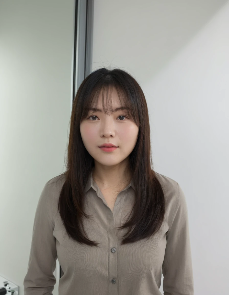 Best Quality, 8k, Masterpiece, (Portrait: 1.3), (photo realistic:1.4), (hyper realistic:1.4), Sharp Focus, looking at viewer, (smoother lighting:1.1), (increase cinematic lighting quality:0.9), realistic lighting, backlighting, light on face, ray trace, (brightening light:1.2), (Increase quality:1.4), sharp detail, (best quality real texture skin:1.4), finely detailed eyes, black_eyes, finely detailed face, 25 year old Korean woman, (white formal_shirt:1.4), (Create an image maintaining the original base model hairstyle:1.5)