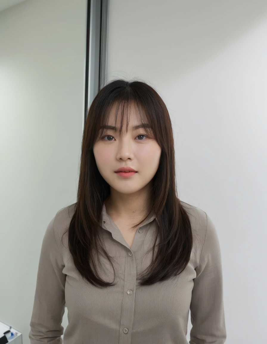 Best Quality, 8k, Masterpiece, (Portrait: 1.3), (photo realistic:1.4), (hyper realistic:1.4), Sharp Focus, looking at viewer, (smoother lighting:1.1), (increase cinematic lighting quality:0.9), realistic lighting, backlighting, light on face, ray trace, (brightening light:1.2), (Increase quality:1.4), sharp detail, (best quality real texture skin:1.4), finely detailed eyes, black_eyes, finely detailed face, 25 year old Korean woman, (white formal_shirt:1.4), (Create an image maintaining the original base model hairstyle:1.5)