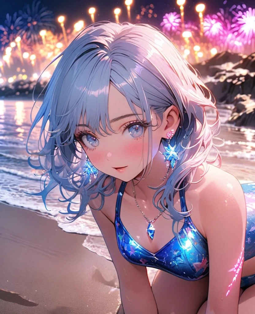 8K,gal,an extremely delicate and beautiful,Beautiful and realistic skin,Shiny jewel-like earrings,pink glowing tattoo,Long blue hair,beautiful eyes,whole body,Sparkly beautiful Swimwear,Summer beach,night,Beautiful glowing fireworks
