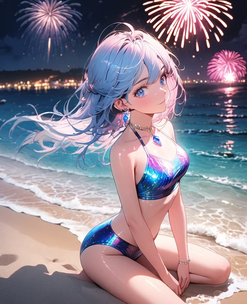 8K,gal,an extremely delicate and beautiful,Beautiful and realistic skin,Shiny jewel-like earrings,pink glowing tattoo,Long blue hair,beautiful eyes,whole body,Sparkly beautiful Swimwear,Summer beach,night,Beautiful glowing fireworks