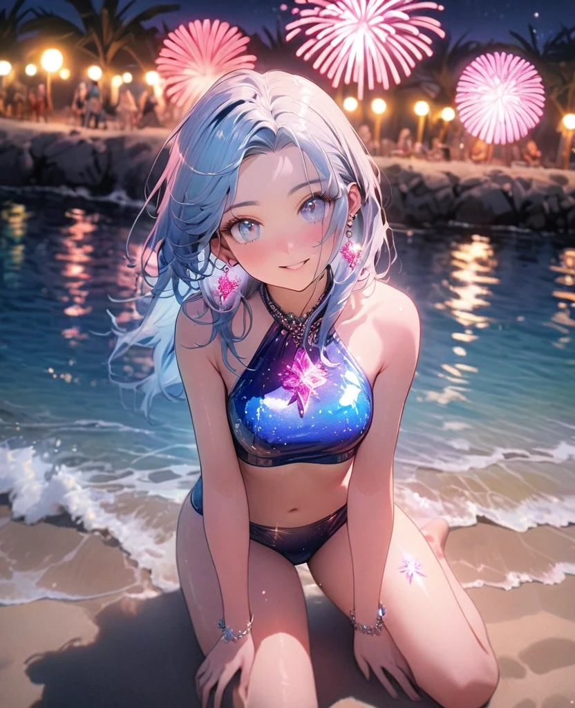 8K,gal，an extremely delicate and beautiful,Beautiful and realistic skin,Shiny jewel-like earrings,pink glowing tattoo,Long blue hair,beautiful eyes,whole body,Sparkly beautiful  Swimwear,Summer beach,night,Beautiful glowing fireworks
