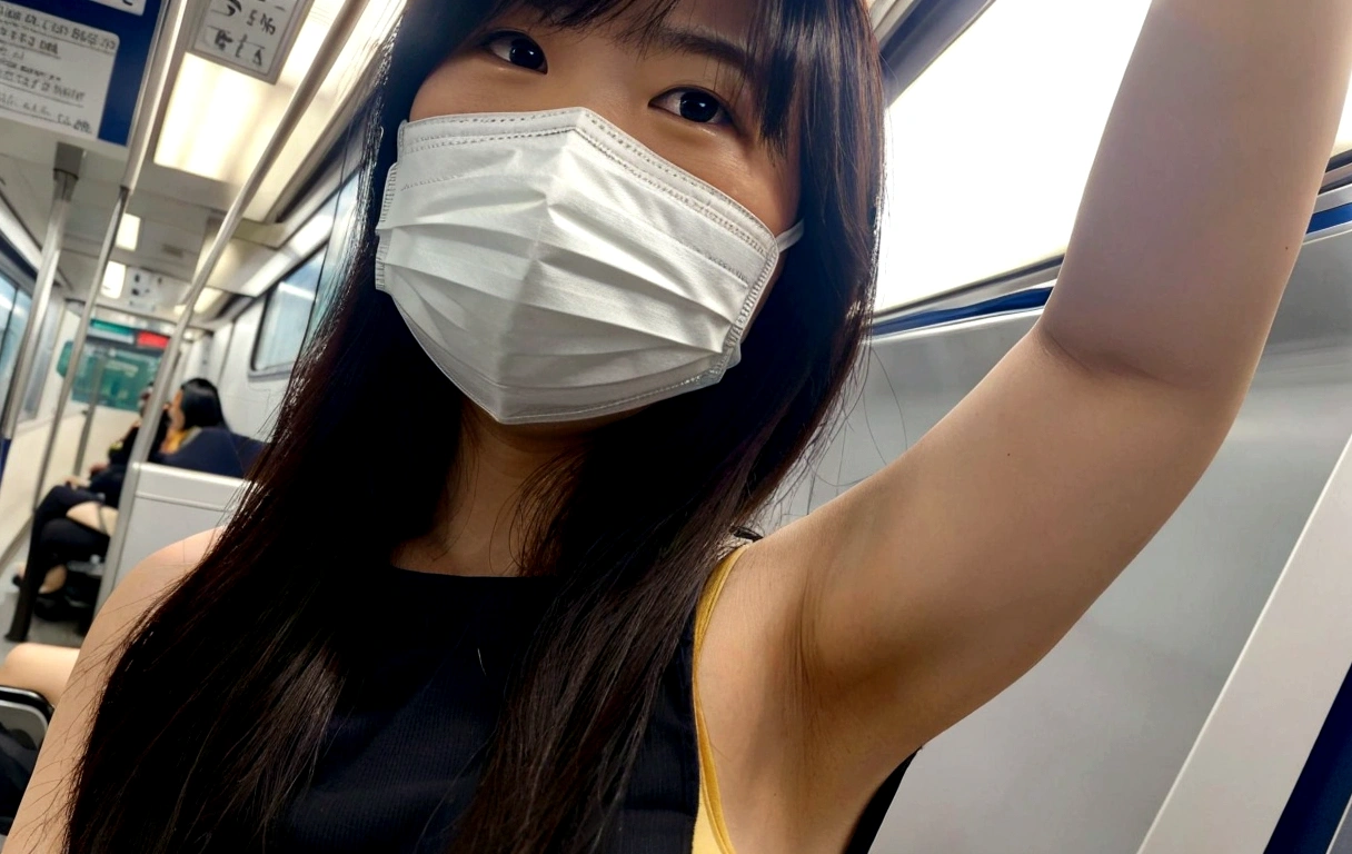 An office lady wearing a mask on the subway, Wear a mask, Inside the train, Wearing a mask, Selfie taken at a straight angle, Beautiful Armpits,