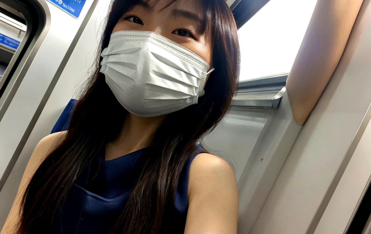 An office lady wearing a mask on the subway, Wear a mask, Inside the train, Wearing a mask, Selfie taken at a straight angle, Beautiful Armpits,Big Breasts