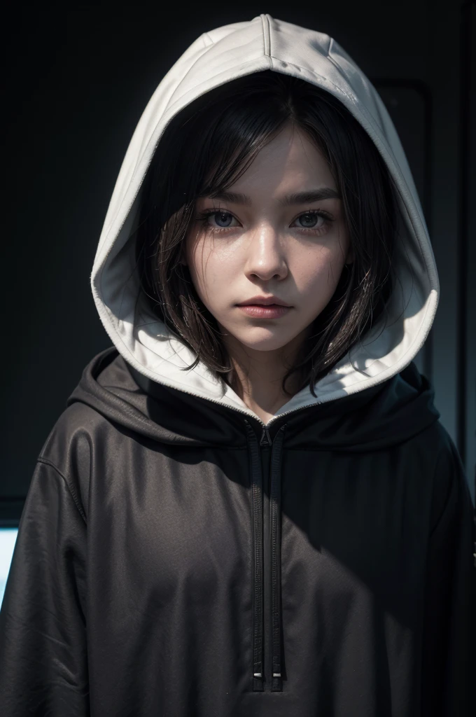 Close-up of a person in a hoodie with a white question mark., Wear sci-fi cape with hood, A surreal hooded body., Sith Lords Obscured by Hats, Wily, Mysterious Person, ( ( hesitant ) ), Hooded body, DarkSynth character images, dmt entities, What 8k?, black transparent science fiction cover
