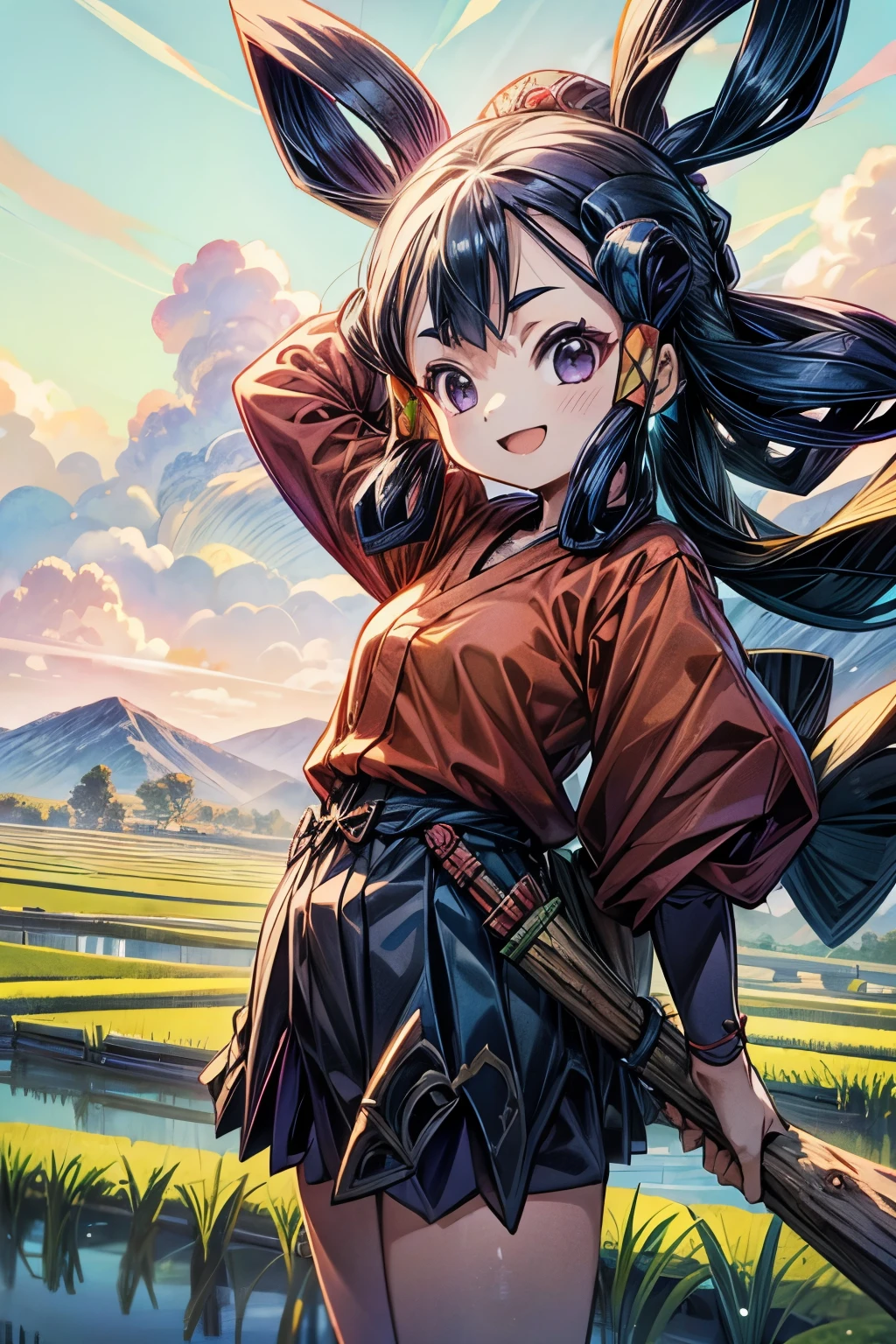 anime style illustration, vast rice fields background, 1girl, standing, (Sakuna), big smile, cross arms,