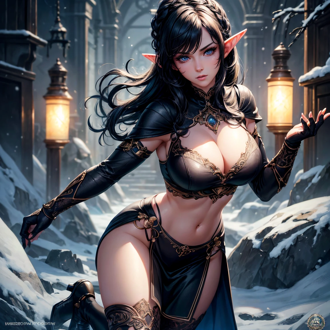 a woman, 1girl, elf, black retro curl cut hair, breasts, long pointed ears, bright blue eyes!!!, serious face, sexy black crop top, deep neckline, sexy black little skirt, frost magic, full body, full body, snow, very sexy body, detailed face, beautiful detailed eyes, beautiful detailed lips, extremely detailed eyes and face, long eyelashes, detailed clothing, intricate details, highly detailed, photo realistic, 8k, best quality, masterpiece, cinematic lighting, dramatic lighting, vibrant colors, fantasy, digital art, concept art