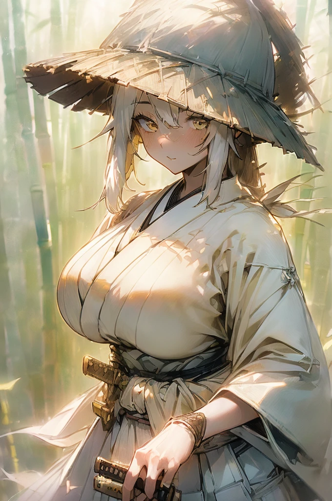 {masterpiece, distinct_image, extremely detailed CG, (extremely detailed fine touch:1.2), (natural light, sun light, light rays, dappled light, ray tracing:1.2), beautiful eyes and detailed face,white ink splashing, photo realistic, 4k, 8k, high_resolution,(perfect_finge:2.0), (beautiful_detailed_eyes:1.3), glitter, white_light, (glow_white_face, front_light:1.3),{1girl, face_focus, looking for_in_viewer, upper_body, dynamic angle, standing, fighting stance, put own sword in sheath, own hand on own waist },{adult, (huge_breasts, wide_hip:1.3), (White sword sheath on waist,Japanese white hakama, white long haori, Detailed sword handle, light yellow_bamboo_hat:1.7),(white_hair, white_eyes, long_hair, fluttering hair, slanted_eyes, bangs:1.4), white background}