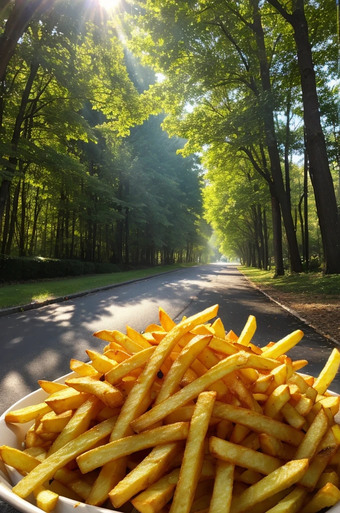 French fries illuminated by sunlight filtering through the trees