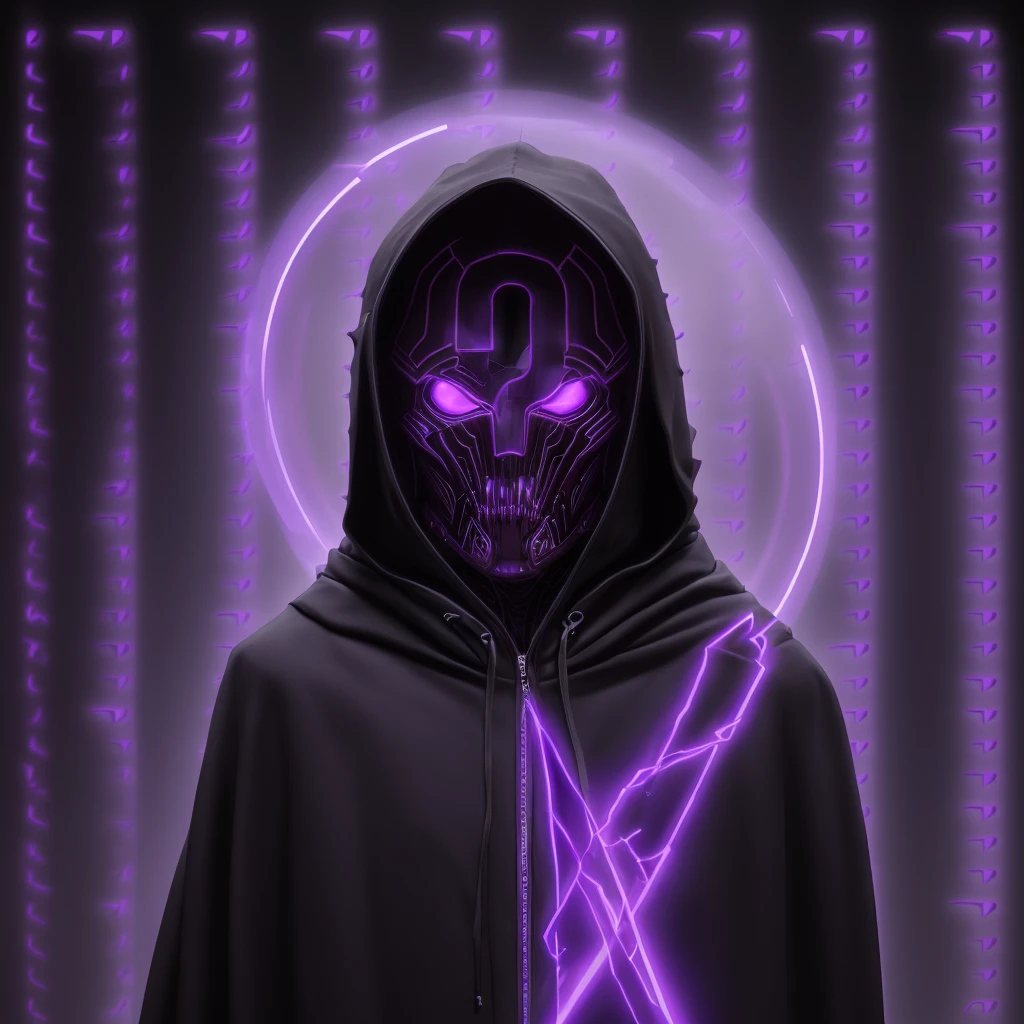 Close-up of a person wearing a hoodie with a purple question mark., Wear sci-fi cape with hood, A surreal hooded body., Sith Lords Obscured by Hats, Wily, Mysterious Person, ( ( hesitant ) ), Hooded body, DarkSynth character images, dmt entities, What 8k?, purple transparent science fiction cover