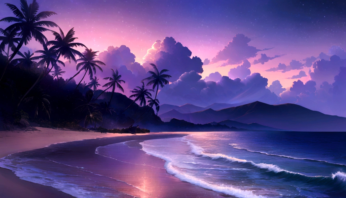 (Highest quality,High resolution),(Realistic:1.37),(landscape:1.2),夜の静かなビーチのlandscape,Gentle waves crash on the shore,The soft moonlight illuminates the scene.,Sand shining in the moonlight,A gentle breeze rustling the palm trees,Silhouette of a single palm tree in the foreground,Starry sky with a few scattered clouds,A calm atmosphere with a sense of solitude,Distant cries of seagulls echo in the background.,The subtle sounds of the waves create a soothing rhythm,Deep blue and purple hues dominate the color palette.