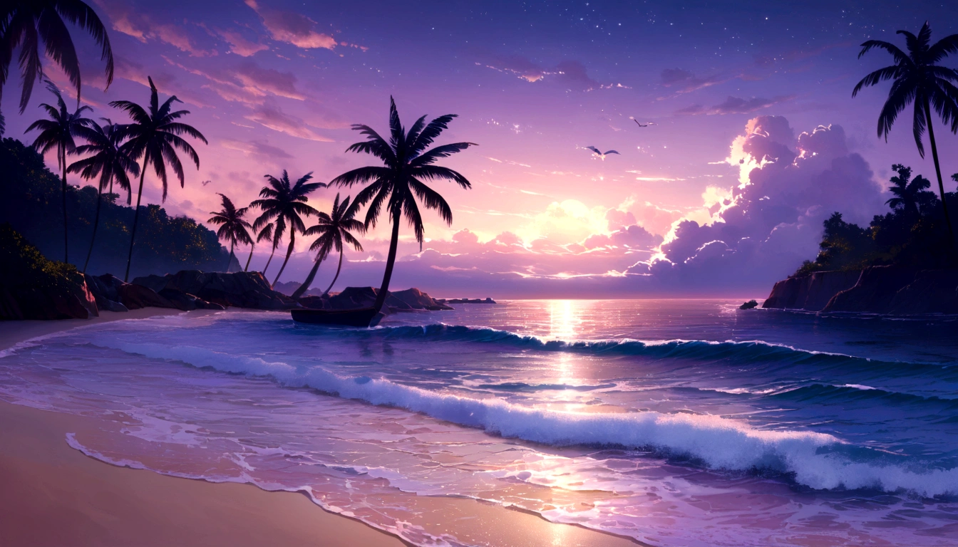 (Highest quality,High resolution),(Realistic:1.37),(landscape:1.2),夜の静かなビーチのlandscape,Gentle waves crash on the shore,The soft moonlight illuminates the scene.,Sand shining in the moonlight,A gentle breeze rustling the palm trees,Silhouette of a single palm tree in the foreground,Starry sky with a few scattered clouds,A calm atmosphere with a sense of solitude,Distant cries of seagulls echo in the background.,The subtle sounds of the waves create a soothing rhythm,Deep blue and purple hues dominate the color palette.