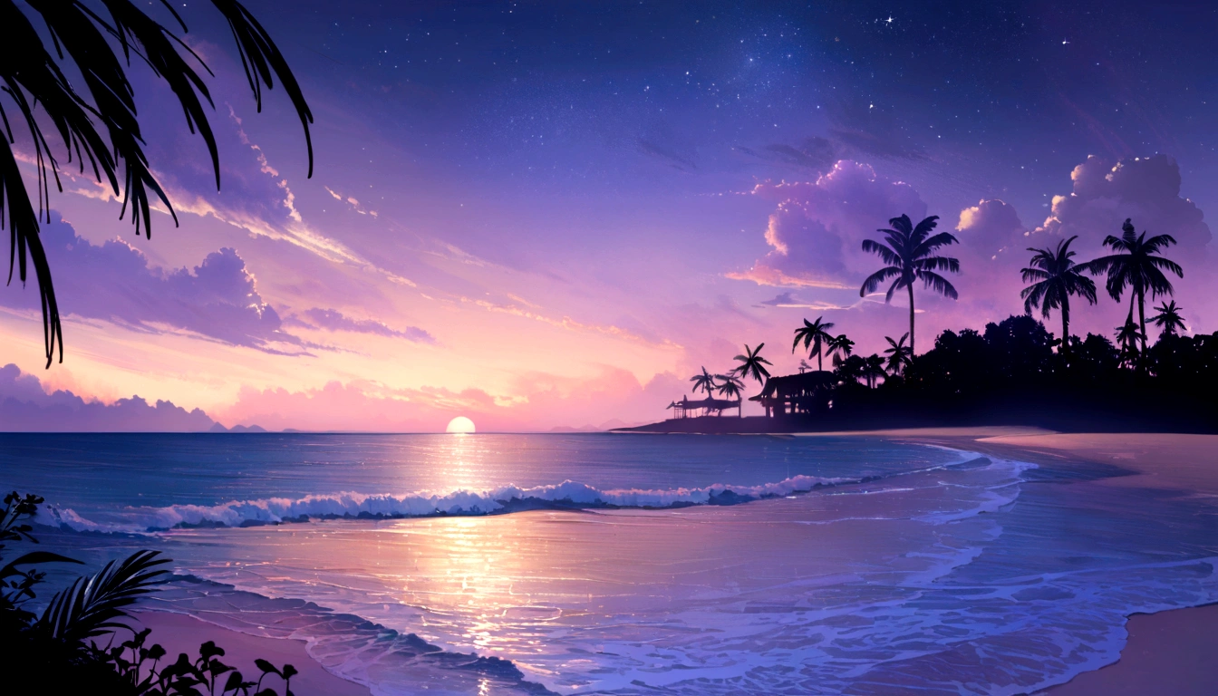 (Highest quality,High resolution),(Realistic:1.37),(landscape:1.2),夜の静かなビーチのlandscape,Gentle waves crash on the shore,The soft moonlight illuminates the scene.,Sand shining in the moonlight,A gentle breeze rustling the palm trees,Silhouette of a single palm tree in the foreground,Starry sky with a few scattered clouds,A calm atmosphere with a sense of solitude,Distant cries of seagulls echo in the background.,The subtle sounds of the waves create a soothing rhythm,Deep blue and purple hues dominate the color palette.